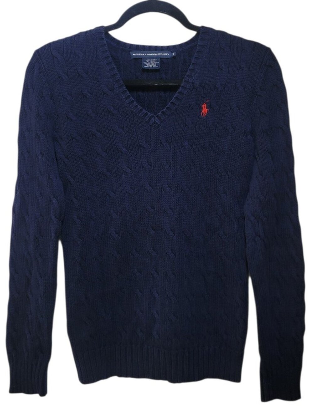 Ralph Lauren Sport Women V Neck Cable Knit Sweater Navy Blue Medium Preppy